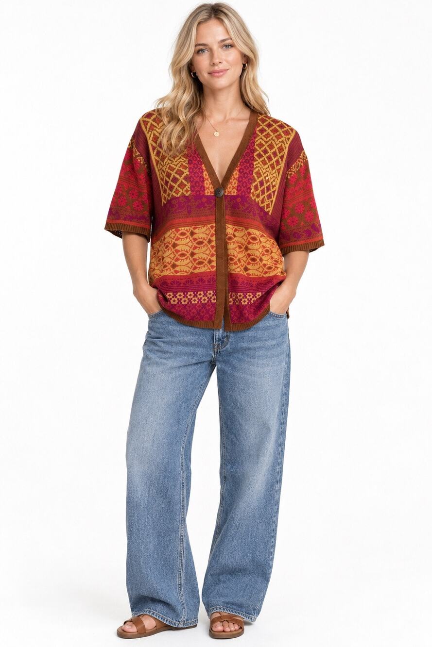 Vintage Coldwater Creek Boho Jacquard Knit Cardigan Top L Multicolor Grandmacore